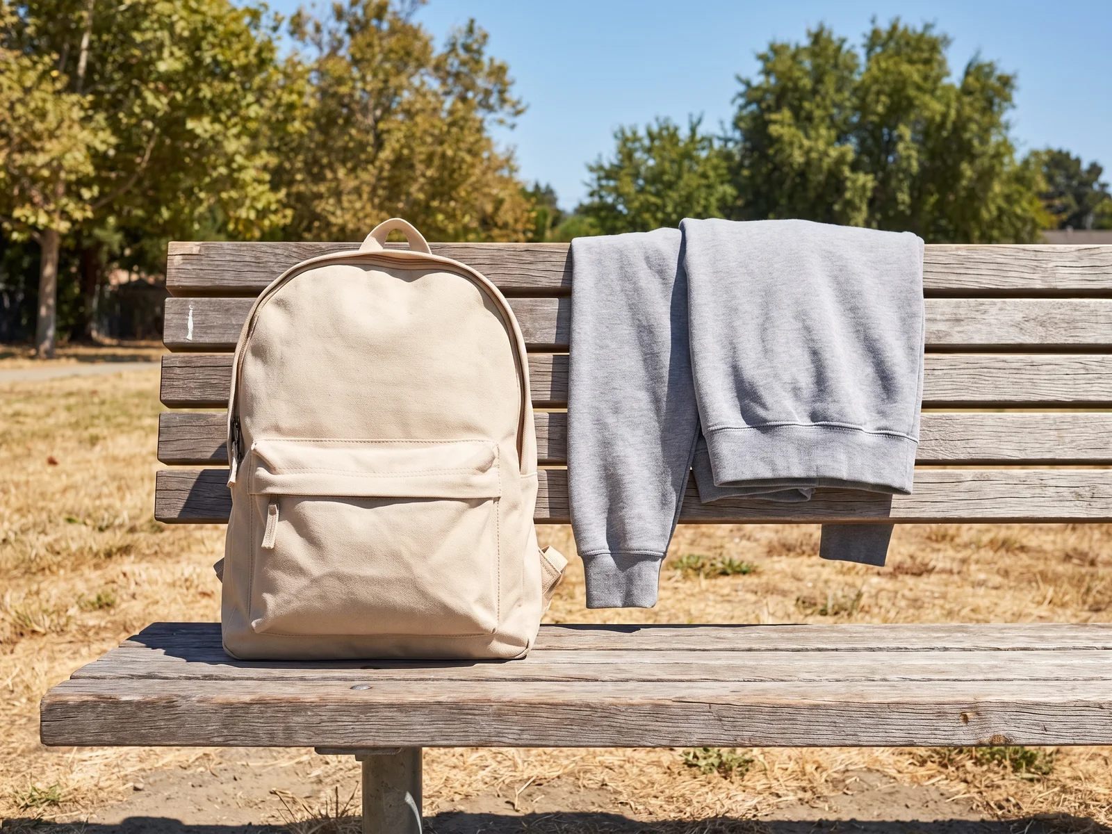 A plain canvas backpack and a folded gray sweatshirt on a wooden bench in a sunny schoolyard.