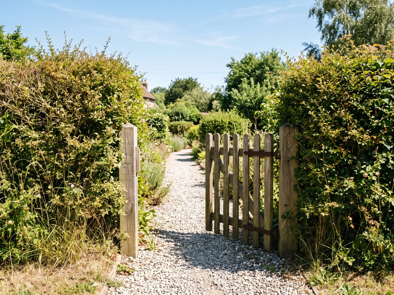 A low wooden garden gate standing open onto a gravel path between two sunlit hedges.