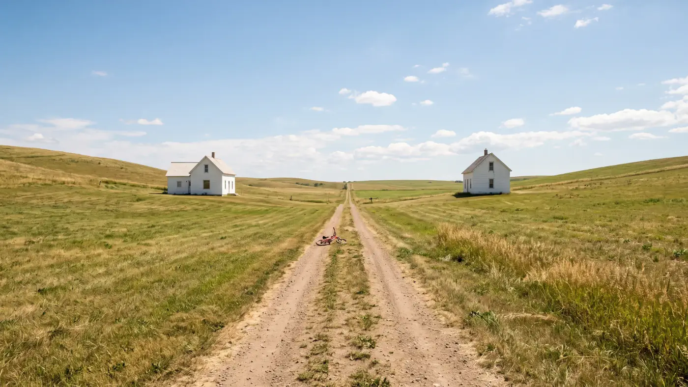A child's red bicycle lying on a dirt path that runs straight up a sunny valley at noon, with a small white farmhouse on the rise to each side.