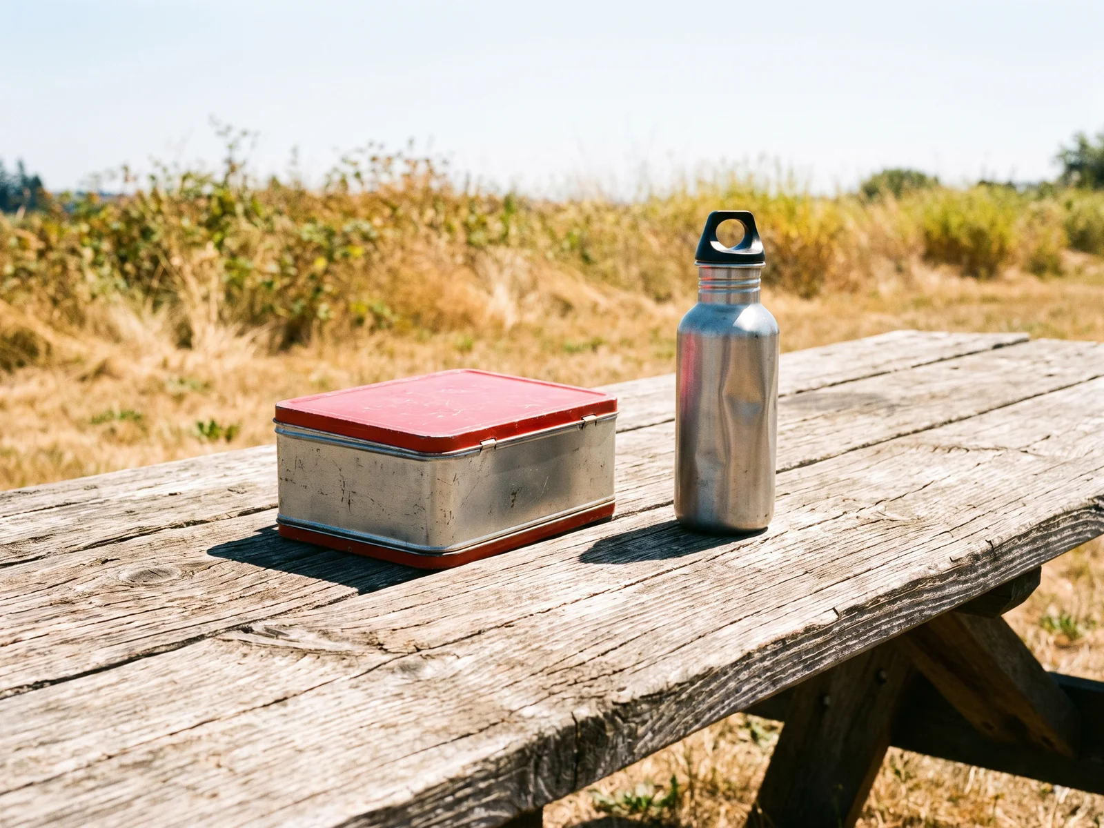 A red-lidded metal lunchbox and a steel water bottle on a weathered picnic table in the midday sun.